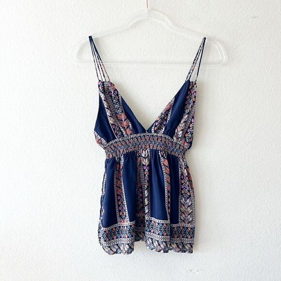Blush Navy Bohemian Border Floral Print Smocked Casual Cami Tank Top - Picture 6 of 14